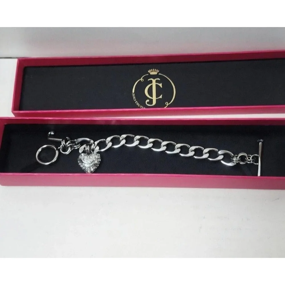Vintage Juicy Couture Rhinestone Heart Charm Toggle Bracelet Silver Tone Y2K Box